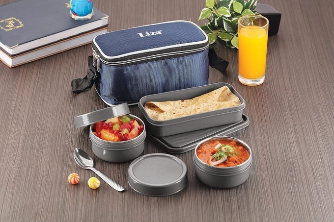 STAINLESS STEEL, PLASTIC INSULATED LUNCH BOX WITH 3 CONTAINER OFFICE LUNCH BOX AIRTIGHT LEAK-PROOF CONTAINER (1600ML,GREY)