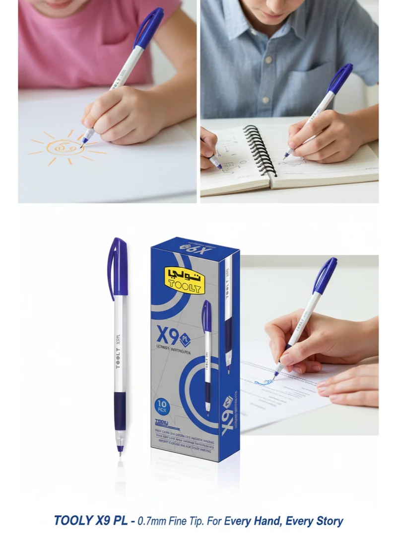 TOOLY Ultimate Writing Pens – 10 Pcs | Smooth & Consistent Ink Flow | Comfortable Grip | Fine Tip (1 MM) Ballpoint Pens (Blue Ink)
