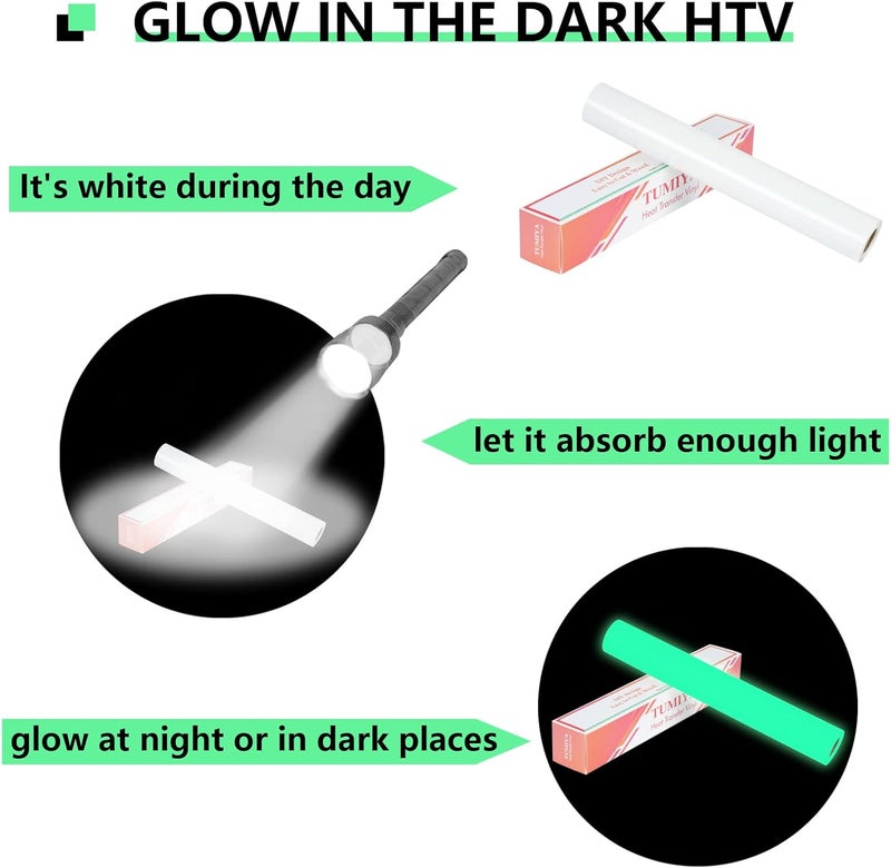 TUMIYA Luminous Green Heat Transfer Vinyl Rolls, 12" x 8ft Glow in The Dark HTV Vinyl, White to Green Iron on Vinyl for Heat Press DIY Design Easy to Cut & Weed - Image 2