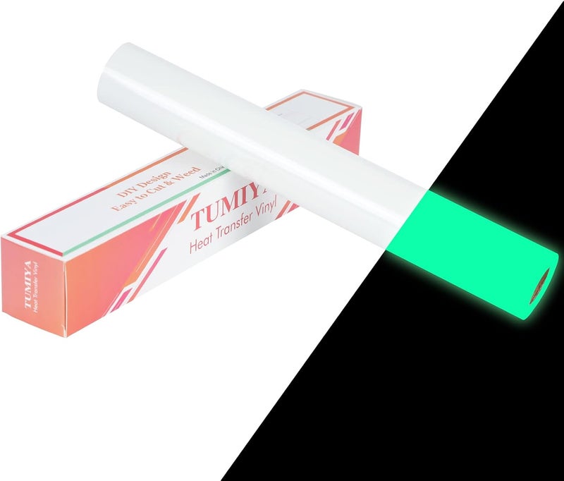 TUMIYA Luminous Green Heat Transfer Vinyl Rolls, 12" x 8ft Glow in The Dark HTV Vinyl, White to Green Iron on Vinyl for Heat Press DIY Design Easy to Cut & Weed - Image 1