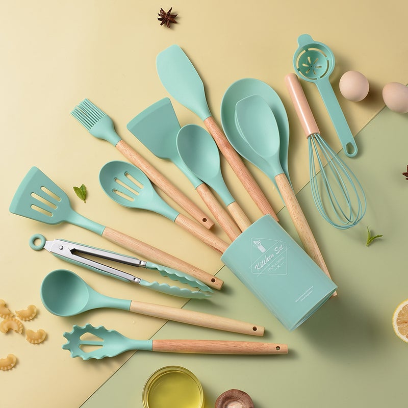 Light Version 750G Silicone Kitchenware Set Wooden Handle 14 Piece Set Kitchen Tools Cooking Spatula Set 14 Piece Set - Image 1