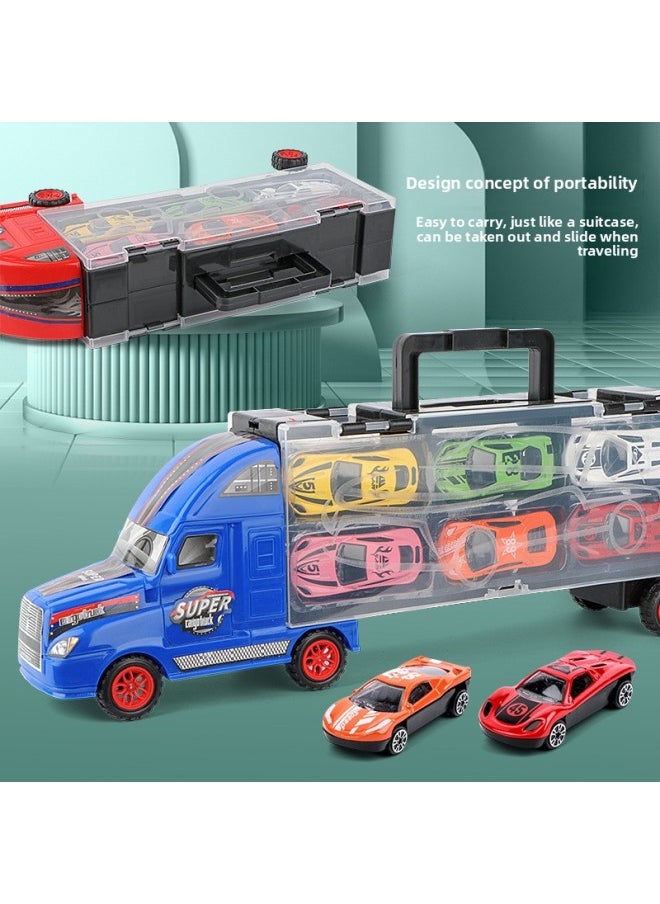 Children's Toy Car Tractor Container Truck Model Boy Pull-back Car Portable Gift Box Stall Toy-Color:[Color Box] Black -458g With 6 Alloy Cars  - Image 5
