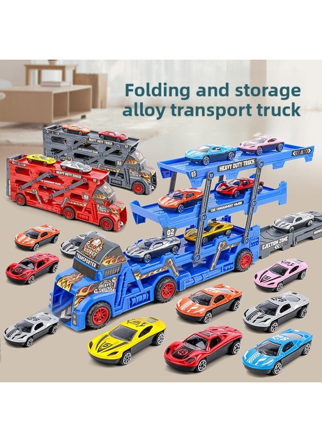 Children's Toy Car Tractor Container Truck Model Boy Pull-back Car Portable Gift Box Stall Toy-Color:[Color Box] Black -458g With 6 Alloy Cars  - Image 3