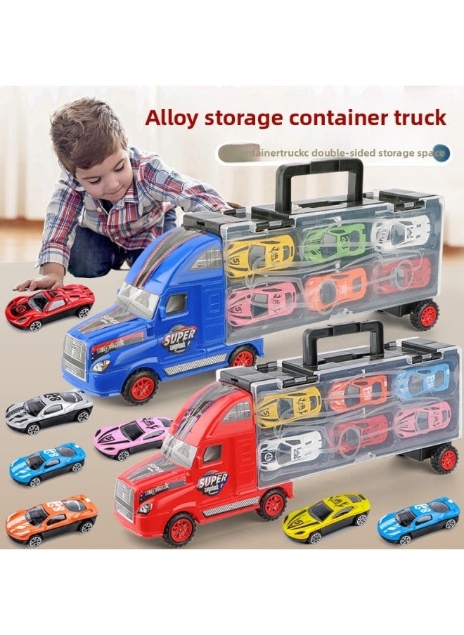 Children's Toy Car Tractor Container Truck Model Boy Pull-back Car Portable Gift Box Stall Toy-Color:[Color Box] Black -458g With 6 Alloy Cars  - Image 2