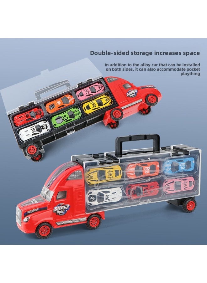 Children's Toy Car Tractor Container Truck Model Boy Pull-back Car Portable Gift Box Stall Toy-Color:[Color Box] Black -458g With 6 Alloy Cars  - Image 4
