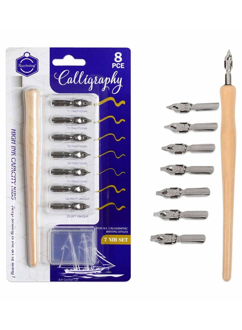 Keep Smiling 8-Piece Calligraphy Dip Pen Set with Wooden Handle & 7 Interchangeable Nibs - For Lettering, Art & Drawing - Image 1