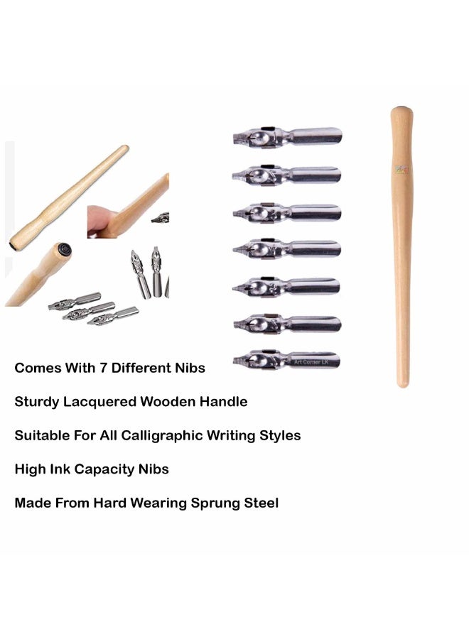 Keep Smiling 8-Piece Calligraphy Dip Pen Set with Wooden Handle & 7 Interchangeable Nibs - For Lettering, Art & Drawing - Image 2