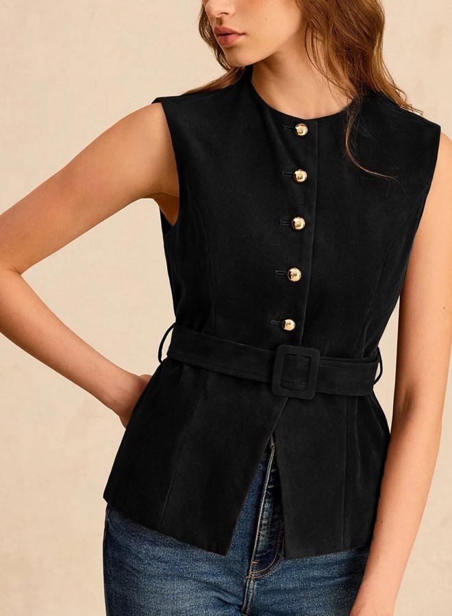 UANEO Suede Vest for Women 2025 Sleeveless Tops Casual Business Button Fashion Waistcoat with Belt, Black, M - Image 3