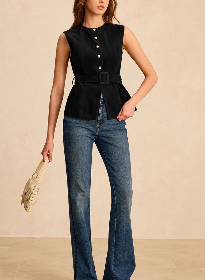 UANEO Suede Vest for Women 2025 Sleeveless Tops Casual Business Button Fashion Waistcoat with Belt, Black, M - Image 4