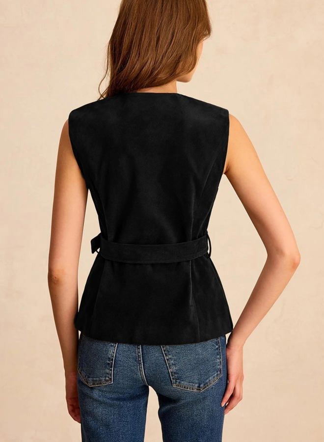 UANEO Suede Vest for Women 2025 Sleeveless Tops Casual Business Button Fashion Waistcoat with Belt, Black, M - Image 5