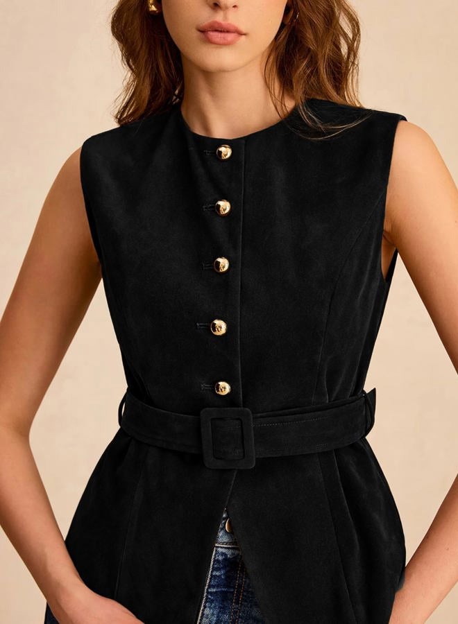 UANEO Suede Vest for Women 2025 Sleeveless Tops Casual Business Button Fashion Waistcoat with Belt, Black, M - Image 2