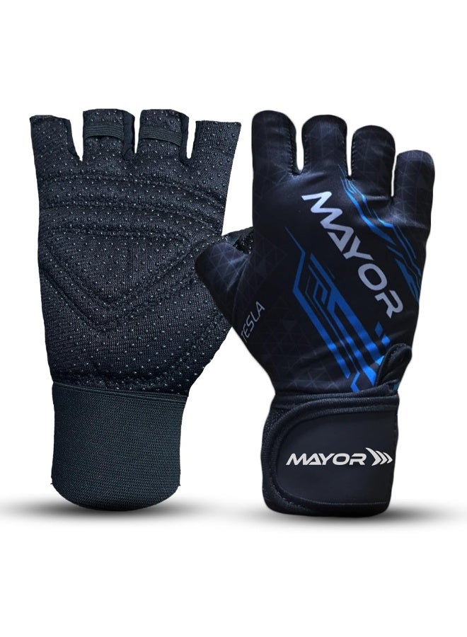 مايور قفازات مايور تسلا مع دعم المعصم وسحّابات – أسود/أزرق، مقاس حر - Image 1