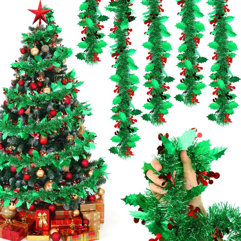 Dilunave 40ft Green Christmas Tinsel Garland with Red Berries Metallic Twist Shiny Hanging Ornament for Xmas Tree Home Stairs Indoor Outdoor Party Decoration