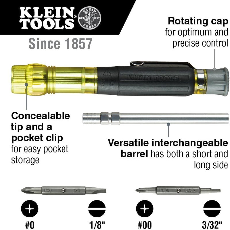 Klein Tools مجموعة مفكات دقيقة متعددة الرؤوس 32614، مفك جيب إلكتروني 4 في 1، رؤوس فيليبس وشق احترافية، EDC - Image 2