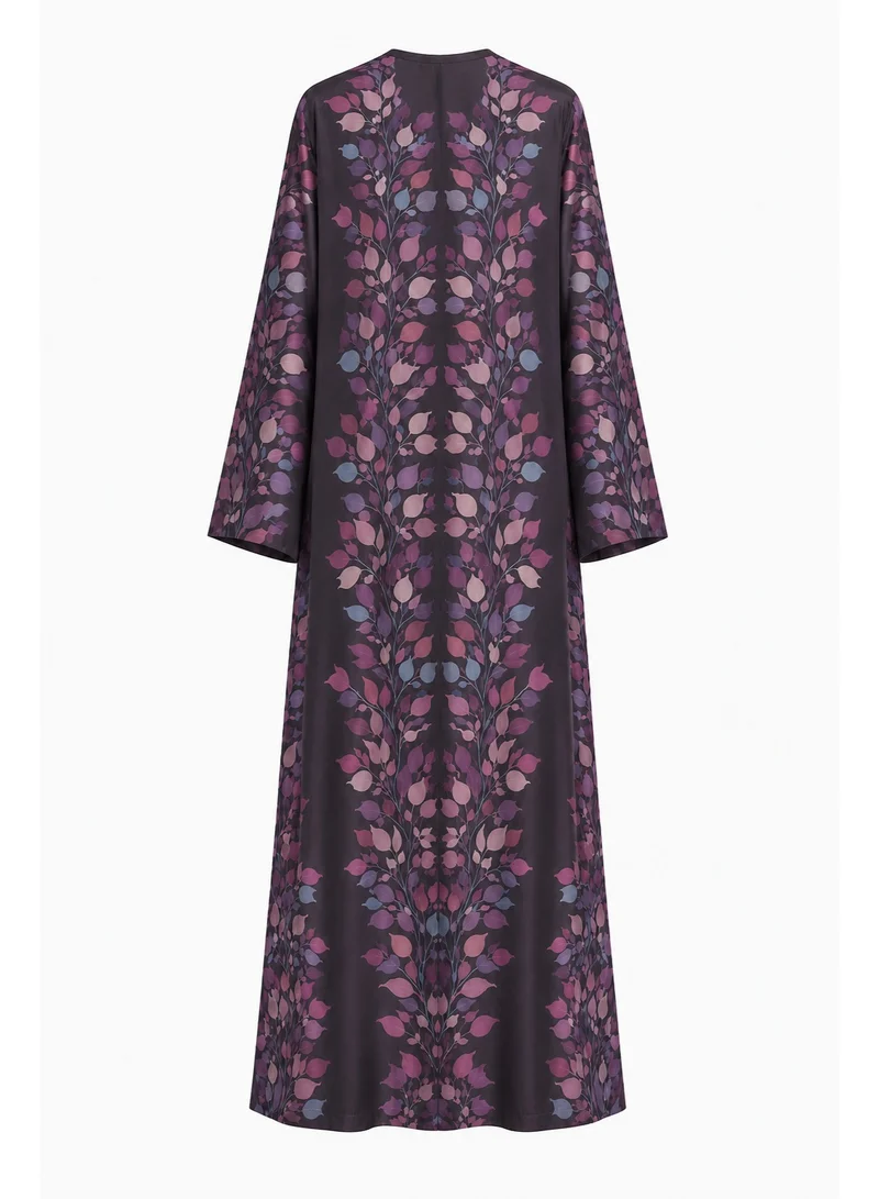 Amnad International  Twilight Vine Open Front Silk Abaya with Matching Chiffon Hijab, Plum Mauve Dusty Blue Botanical Print, Sizes 52-60 inches for Women | Best Price UAE