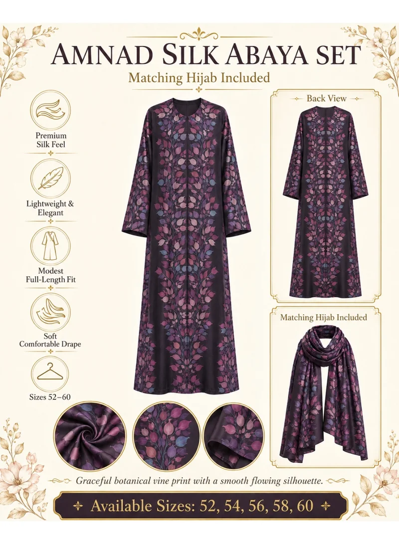 Amnad International  Twilight Vine Open Front Silk Abaya with Matching Chiffon Hijab, Plum Mauve Dusty Blue Botanical Print, Sizes 52-60 inches for Women | Best Price UAE