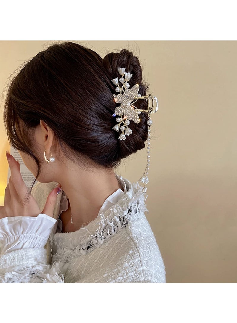 KASTWAVE 1Pcs Butterfly Hair Clip, Tassel Metal Hair Claw Clips, with Rhinestones, Bell Orchids Pearl Tassel Gold Fashion Nonslip Hair Clips for Thick Thin Long Hair Women Girls Styling Tools Hair Accessories - Image 2