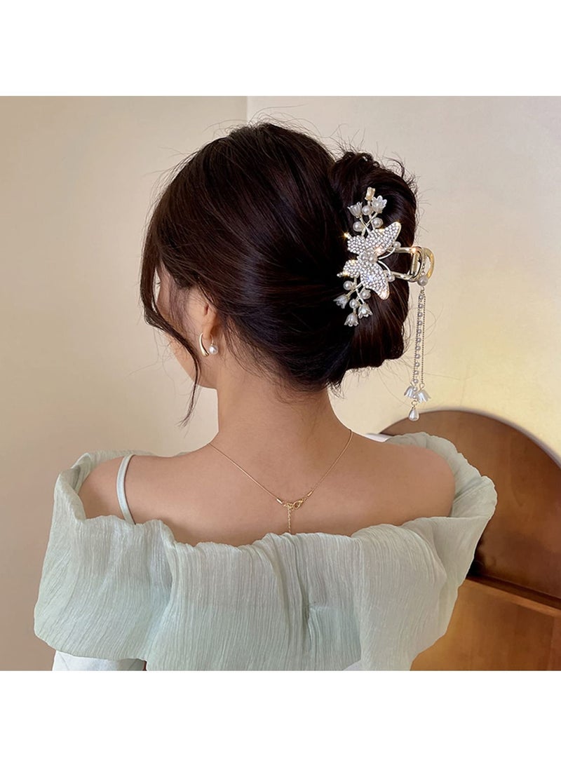 KASTWAVE 1Pcs Butterfly Hair Clip, Tassel Metal Hair Claw Clips, with Rhinestones, Bell Orchids Pearl Tassel Gold Fashion Nonslip Hair Clips for Thick Thin Long Hair Women Girls Styling Tools Hair Accessories - Image 4