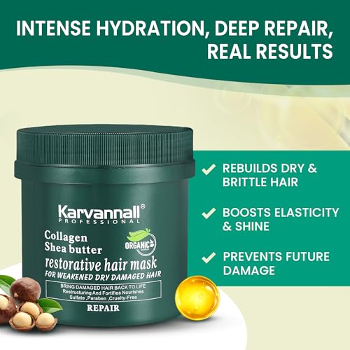 Karvannall Shea Butter Collagen Restorative Hair Mask Deep Repair Treatment for Dry Damaged Frizzy Hair Replenishes Collagen Seals Cuticles Intense Moisture Shine 500ml 169 Fl Oz - Image 3