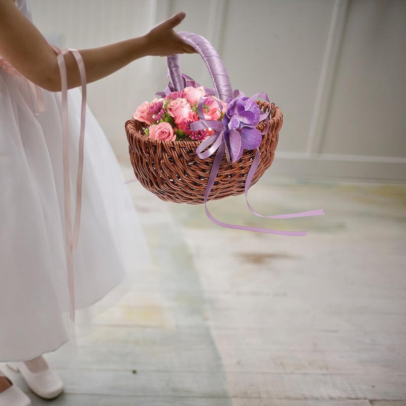 Garneck Woven Small Flower Girl Basket with Purple Handle Handmade Wood and Plastic Floral Basket for Wedding Supplies and Bride Accessories - Image 5