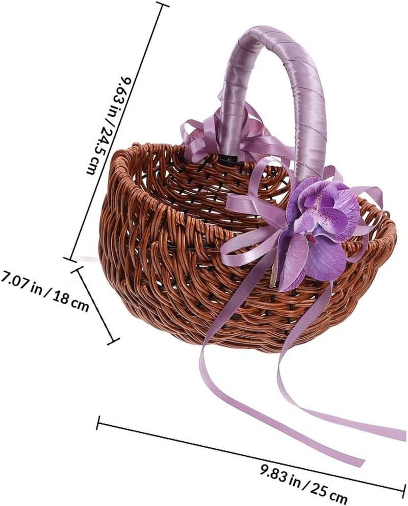 Garneck Woven Small Flower Girl Basket with Purple Handle Handmade Wood and Plastic Floral Basket for Wedding Supplies and Bride Accessories - Image 2