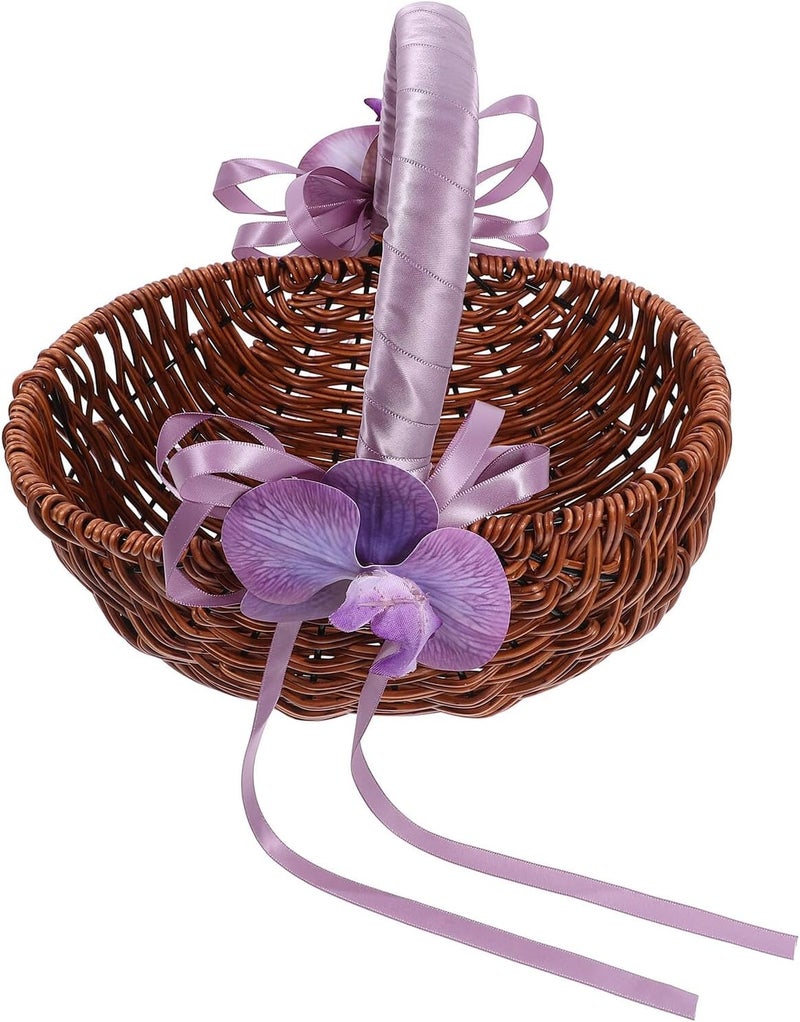 Garneck Woven Small Flower Girl Basket with Purple Handle Handmade Wood and Plastic Floral Basket for Wedding Supplies and Bride Accessories - Image 1