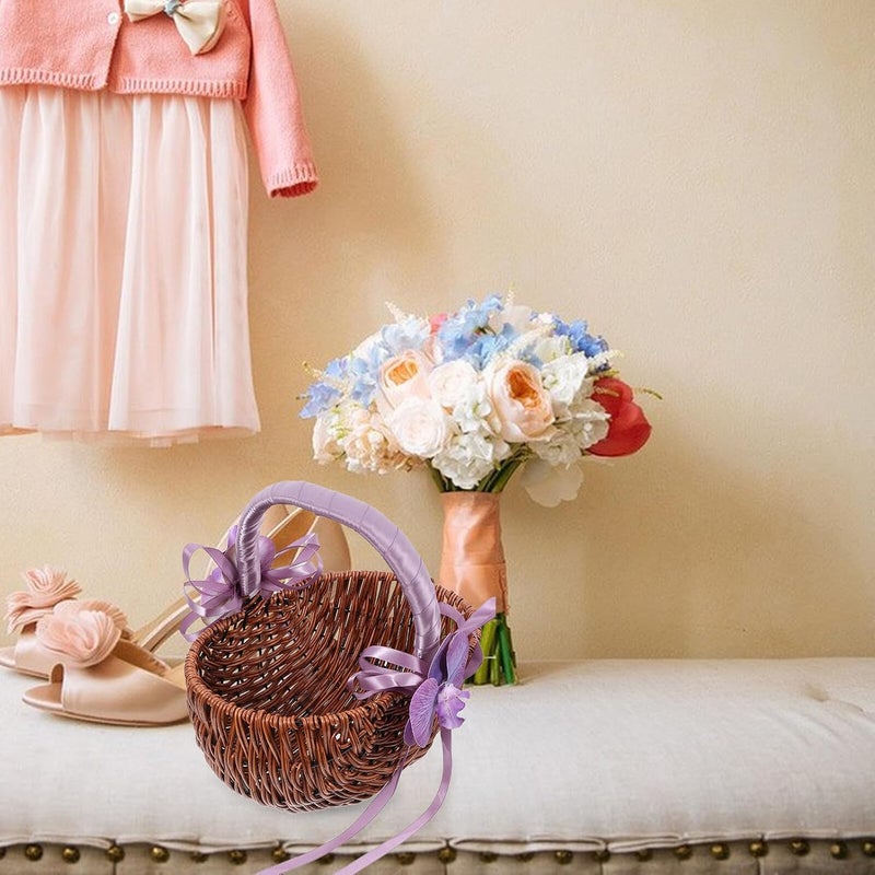 Garneck Woven Small Flower Girl Basket with Purple Handle Handmade Wood and Plastic Floral Basket for Wedding Supplies and Bride Accessories - Image 3