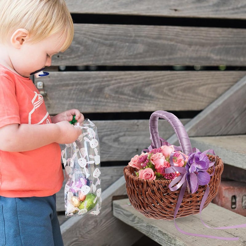 Garneck Woven Small Flower Girl Basket with Purple Handle Handmade Wood and Plastic Floral Basket for Wedding Supplies and Bride Accessories - Image 4