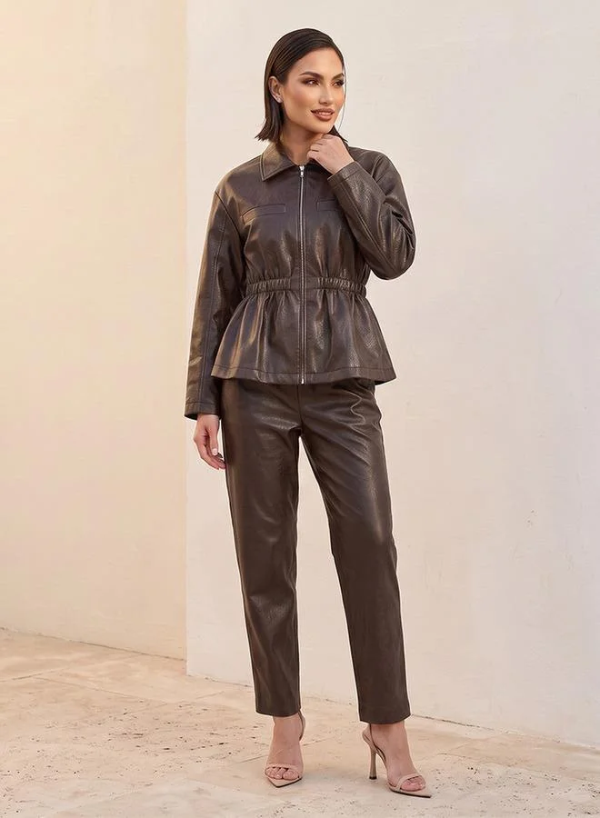 Iconic BROWN Iconic Faux Leather Jacket with Elasticated Waist for Women | Best Price UAE