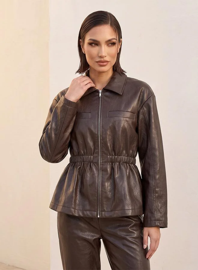 Iconic BROWN Iconic Faux Leather Jacket with Elasticated Waist for Women | Best Price UAE