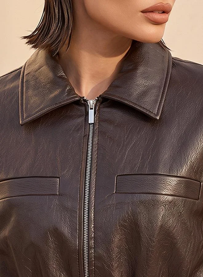 Iconic BROWN Iconic Faux Leather Jacket with Elasticated Waist for Women | Best Price UAE