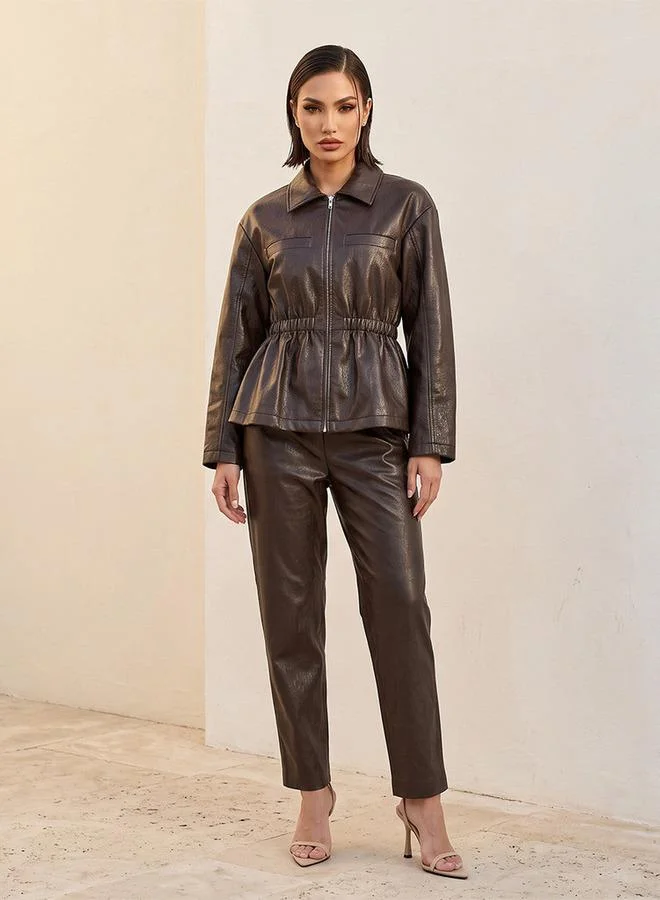 Iconic BROWN Iconic Faux Leather Jacket with Elasticated Waist for Women | Best Price UAE