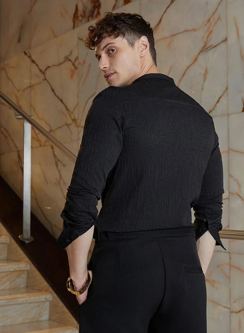 Campus Sutra Campus Sutra Men's Onyx Black Aztec-Tactile Modular Shirt For Casual Wear | Spread Collar | Long Cuffed Sleeves | Button Closure | Oversized Shirt Crafted With Comfort Fit For Everyday Wear