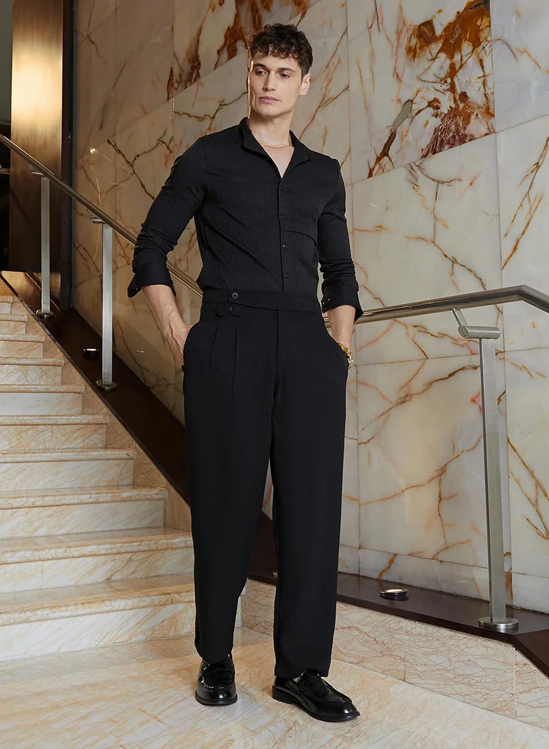 Campus Sutra Campus Sutra Men's Onyx Black Aztec-Tactile Modular Shirt For Casual Wear | Spread Collar | Long Cuffed Sleeves | Button Closure | Oversized Shirt Crafted With Comfort Fit For Everyday Wear