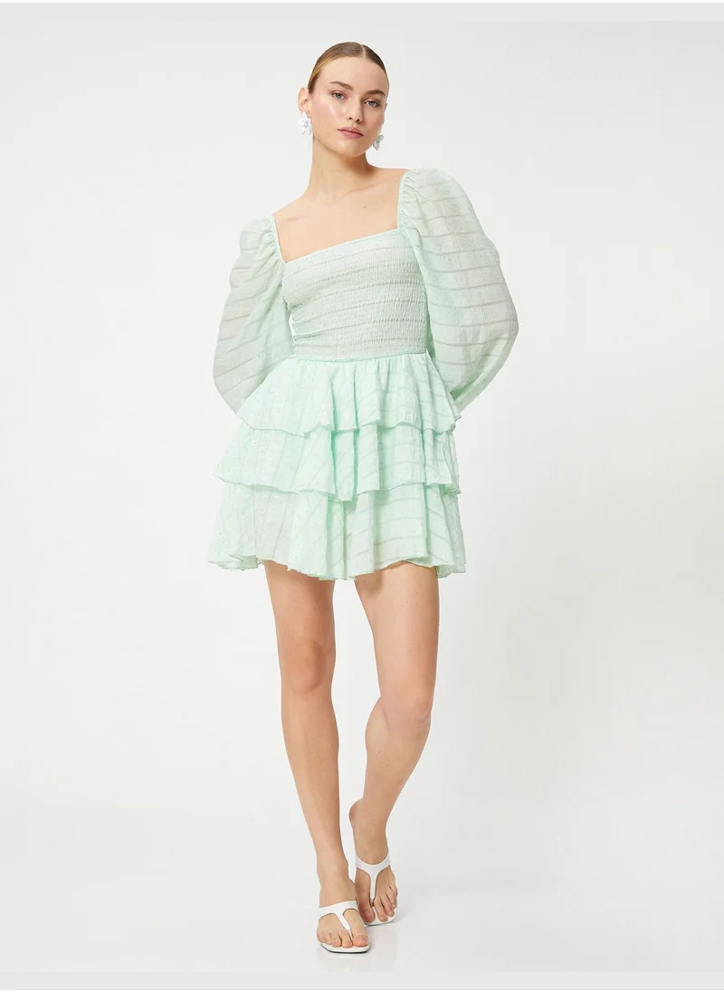 كوتون Tiered Puff Sleeve Mini Dress