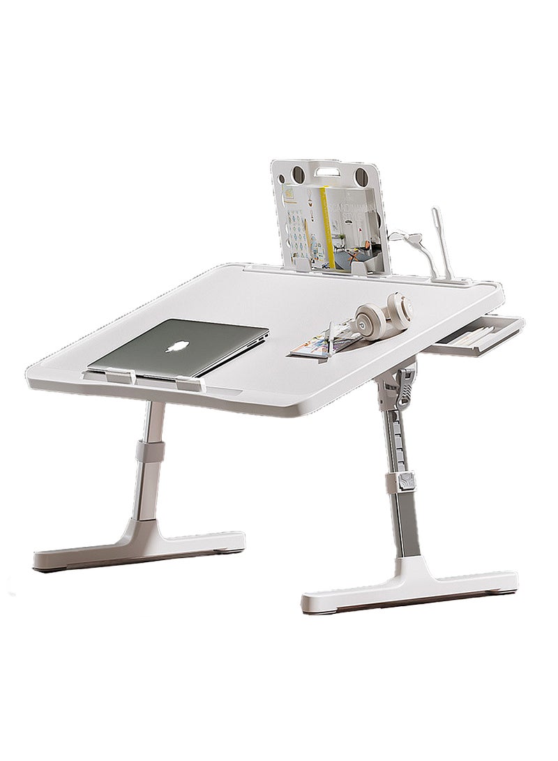 كيدل مكتب كمبيوتر محمول للسرير بارتفاع قابل للتعديل، طاولة سرير مع USB/درج تخزين/حامل أكواب/حامل تابلت/رف كتب، صينية إفطار قابلة للطي محمولة للقراءة والكتابة، سرير وأريكة وأرضية + درج + رف كتب + USB - Image 1