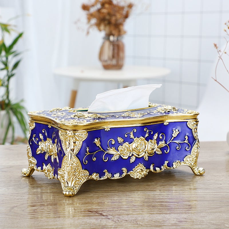 Generic Large Gold Napkin Holder Creative Plastic Tissue Box Golden Deep Blue Rose
