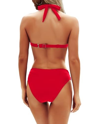 Yonique Women Two Piece Bathing Suits Push Up Bikini Set Halter Swimsuit Vintage Swimwear Red M - Image 2