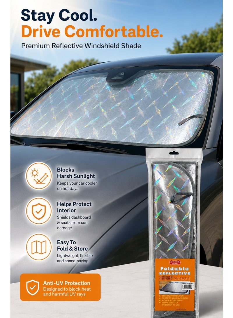 Foldable Reflective Car Windshield Sunshade 130 x 60 cm, Anti-UV Heat Protection Cover with Suction Cups, Holographic Silver Car Window Shade for Dashboard and Interior Protection - Image 3