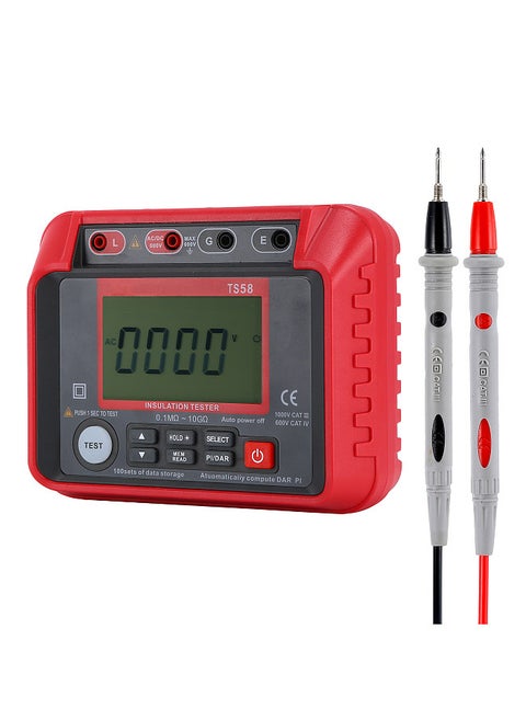 TS58 Digital Insulation Resistance Tester 0.1MΩ-10GΩ Megohmmeter with LCD Backlit Display AC DC 10-600V Maximum 2000 Counts DAR PI Index Insulated Resistance Meter Kit with Zipper Bag