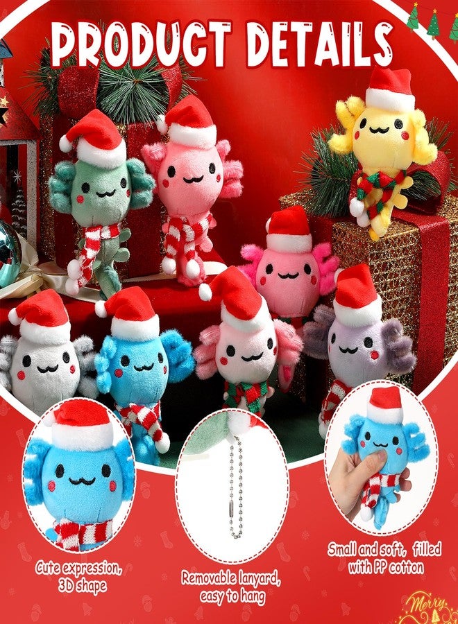 Poen 8 Pcs Christmas Axolotl Ornaments Plush Toys 4 Inch Mini Kawaii Axolotl Stuffed Animal with Santa Hat and Scarf Cute Stuffed Samaritans Keychain Bulk for Christmas Ornaments Hanging Decorations - Image 3