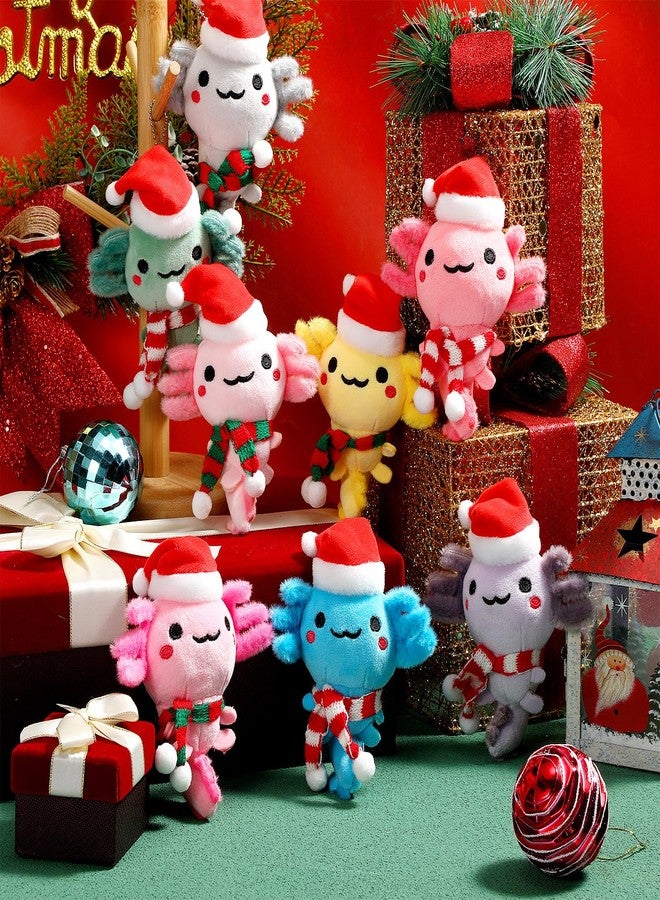 Poen 8 Pcs Christmas Axolotl Ornaments Plush Toys 4 Inch Mini Kawaii Axolotl Stuffed Animal with Santa Hat and Scarf Cute Stuffed Samaritans Keychain Bulk for Christmas Ornaments Hanging Decorations - Image 4