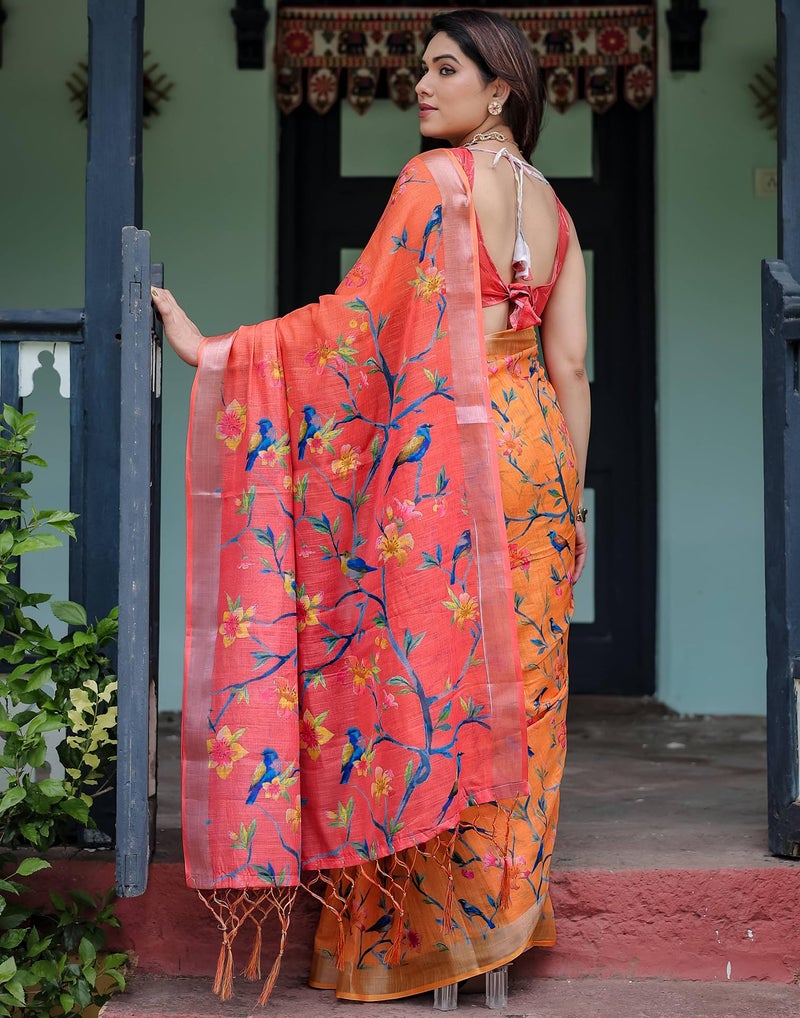 SIRIL Women's Cotton Linen Printed Saree with Unstitched Blouse Piece (4262S112_Yellow) - Image 3