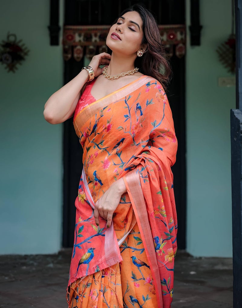 SIRIL Women's Cotton Linen Printed Saree with Unstitched Blouse Piece (4262S112_Yellow) - Image 4