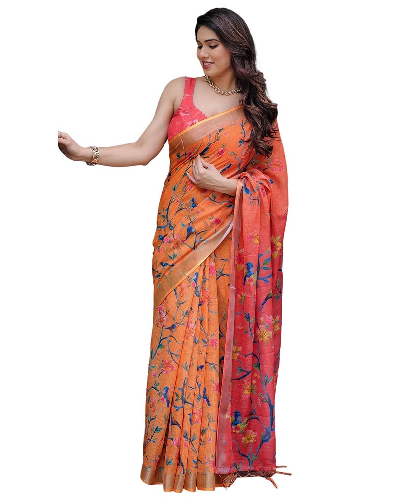 SIRIL Women's Cotton Linen Printed Saree with Unstitched Blouse Piece (4262S112_Yellow) - Image 1