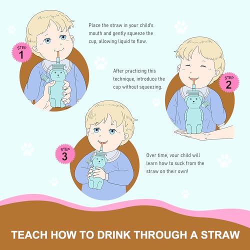 Mootikar Honey Bear Silicone Straw Cup, Babies Water Drinking Cup, 8-Ounce Therapy Sippy Bottles for Speech and Feeding Training, BPA Free & Dishwasher Safe (PINK) - Image 5