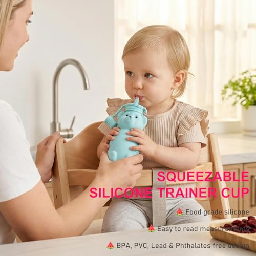 Mootikar Honey Bear Silicone Straw Cup, Babies Water Drinking Cup, 8-Ounce Therapy Sippy Bottles for Speech and Feeding Training, BPA Free & Dishwasher Safe (PINK) - Image 2
