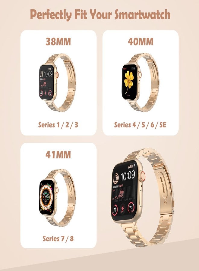 MoKo Slim Metal Band Compatible with Apple Watch Series 11/10 42mm, 9/8/7 41mm, SE3/SE2/SE/6/5/4 40mm, 3/2/1 38mm, Stainless Steel Thin Band Replacement Strap iWatch Wristband for Women, Rose Gold - Image 2