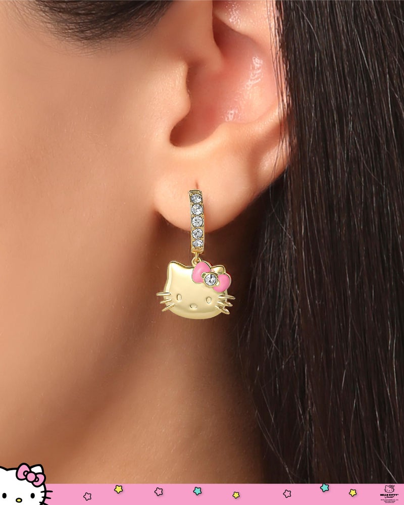 SALLY ROSE أقراط هالو كيتي للنساء برخصة رسمية، مطلية بالذهب عيار 18 وكريستال بافي على شكل حلقة مع سحر متدلي - Image 3