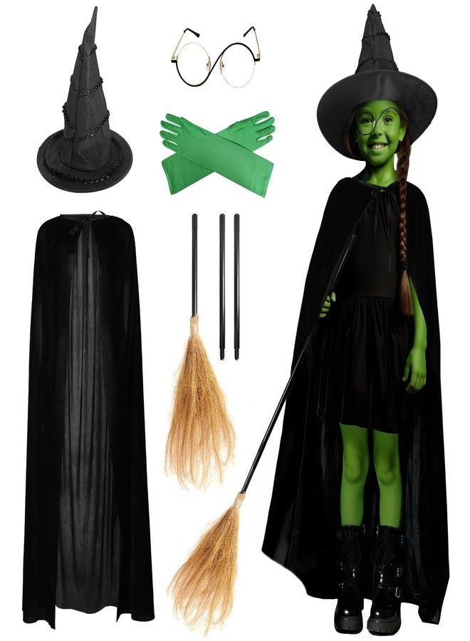 UQJE 6 Pcs Girls Witch Costume Wicked Green Witch Movie Cosplay Halloween Witches Hat, Cape, Glasses, Gloves, Broom for Kids - Image 1
